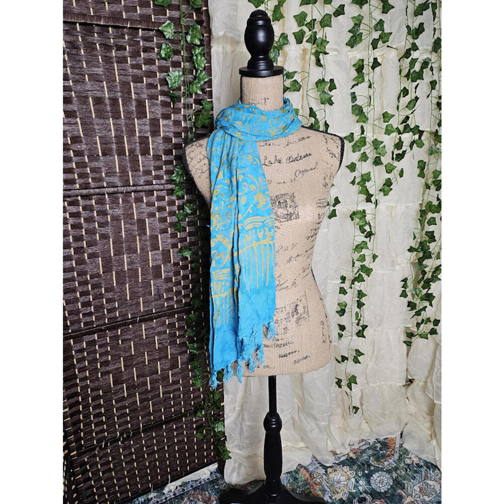 Turquoise Gold Paisley Boho Scarf Fringe Lightweight Fairycore